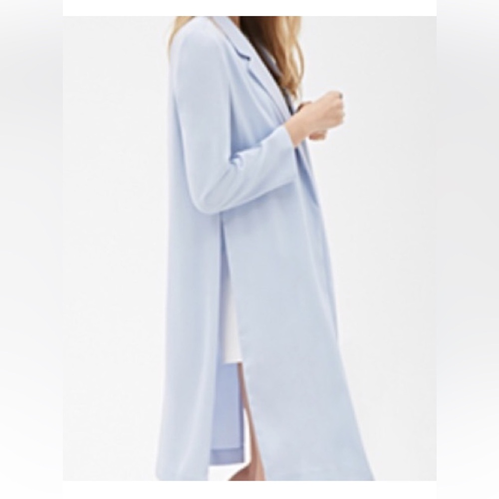 Forever 21 Baby Blue long sleeve Duster Career Jacket split open sides Lg New